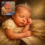 A peaceful newborn baby sleeps soundly with one tiny fist tucked under the chin, resting on a patterned pillow. The soft lighting highlights the delicate features and the baby's gentle expression, creating a warm and tender moment.