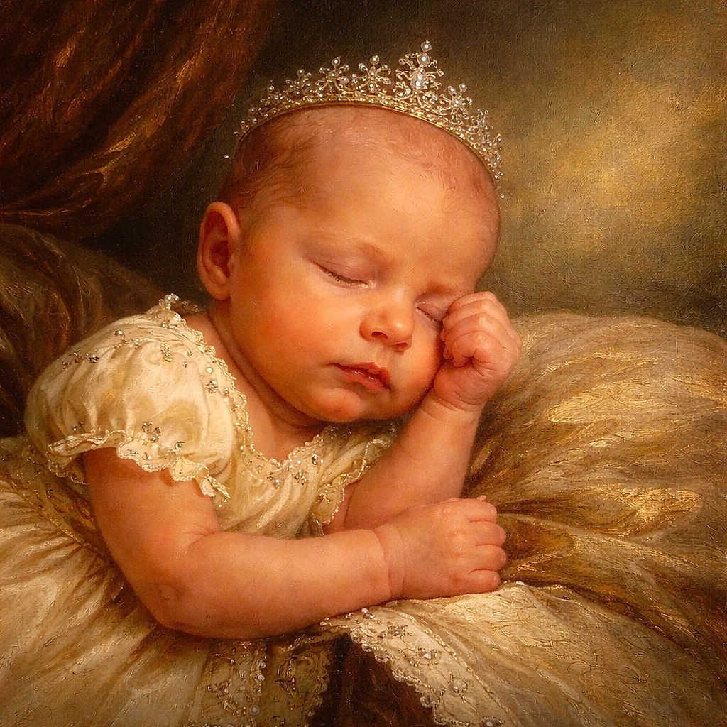 A peaceful newborn baby sleeps soundly with one tiny fist tucked under the chin, resting on a patterned pillow. The soft lighting highlights the delicate features and the baby's gentle expression, creating a warm and tender moment.