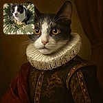 A curious cat with striking yellow eyes is perched snugly in a cozy green floral-patterned bed, looking up as if plotting its next playful move or silently judging your life choices.