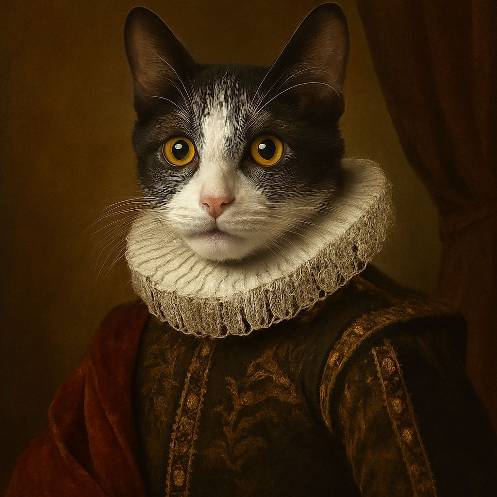 A curious cat with striking yellow eyes is perched snugly in a cozy green floral-patterned bed, looking up as if plotting its next playful move or silently judging your life choices.