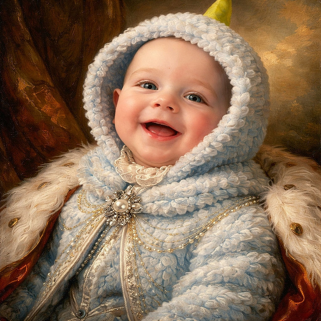 A cheerful baby bundled up in a fluffy blue hoodie with a tiny green horn, beaming a joyful smile while cozy indoors, with colorful wall decorations adding a playful touch to the background.