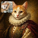 A curious orange and white cat sits snugly inside a small cardboard box on a table, its wide eyes looking up with an innocent and slightly mischievous expression. The background shows a modern kitchen setting with a stone-textured wall and some packaged items on the table, adding a casual home vibe.