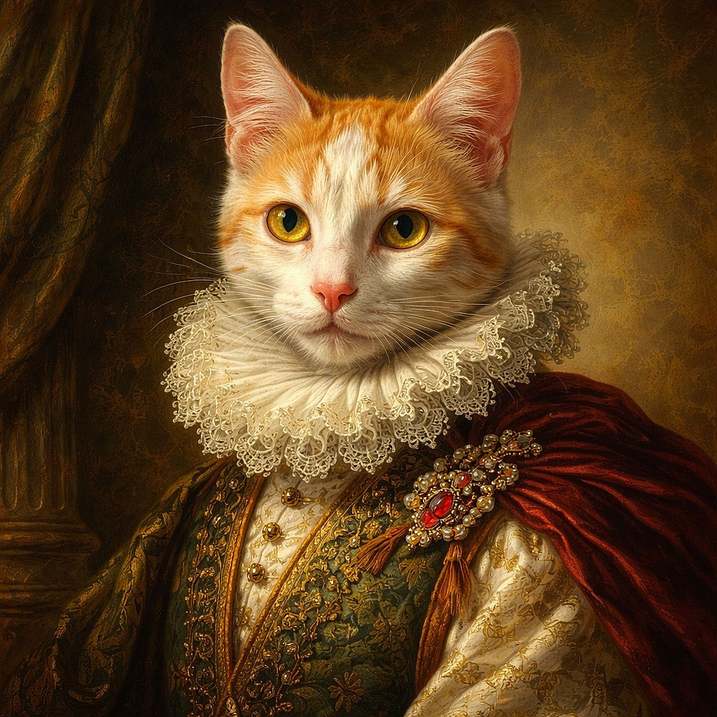 A curious orange and white cat sits snugly inside a small cardboard box on a table, its wide eyes looking up with an innocent and slightly mischievous expression. The background shows a modern kitchen setting with a stone-textured wall and some packaged items on the table, adding a casual home vibe.