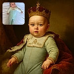 A cute baby lies on a soft white blanket wearing a cozy blue and cream onesie with a playful design, looking curiously at the camera with a calm expression.