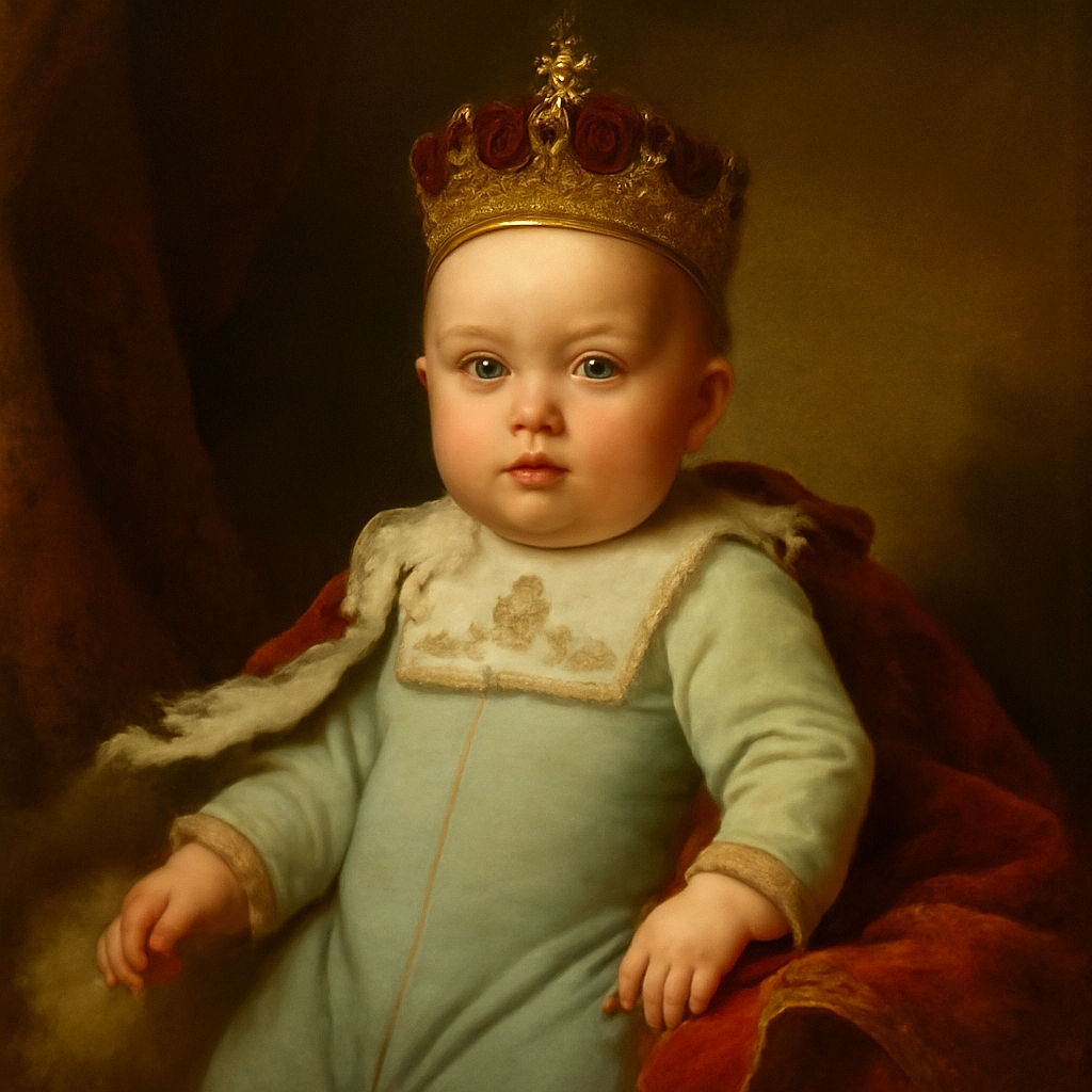 A cute baby lies on a soft white blanket wearing a cozy blue and cream onesie with a playful design, looking curiously at the camera with a calm expression.