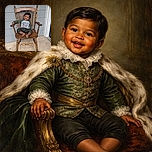 A cheerful toddler sits comfortably on a classic wooden rocking chair outside on a concrete porch, wearing a cute 'ROAR' dinosaur shirt and looking happily at the camera with a playful tilt of the head.