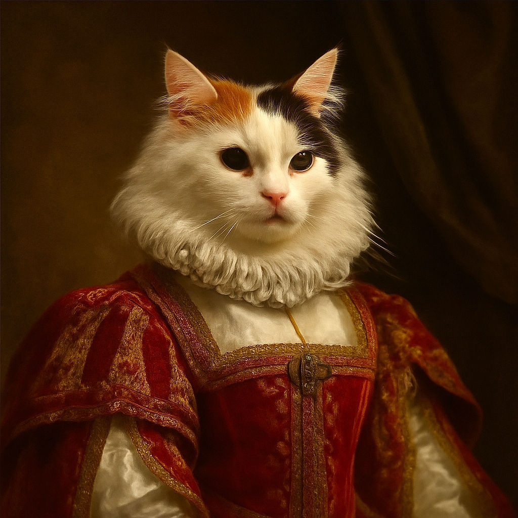 A fluffy white cat with some brown and black markings stands on a tiled floor in front of a slightly ajar door, looking curiously at the camera with a calm expression.