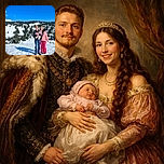 A cheerful family of three poses in a snowy mountain landscape under a vibrant blue sky, bundled up in cozy winter clothing and matching brown hats, with the baby snugly held in dad's arms as the pine-covered slopes create a stunning natural backdrop.