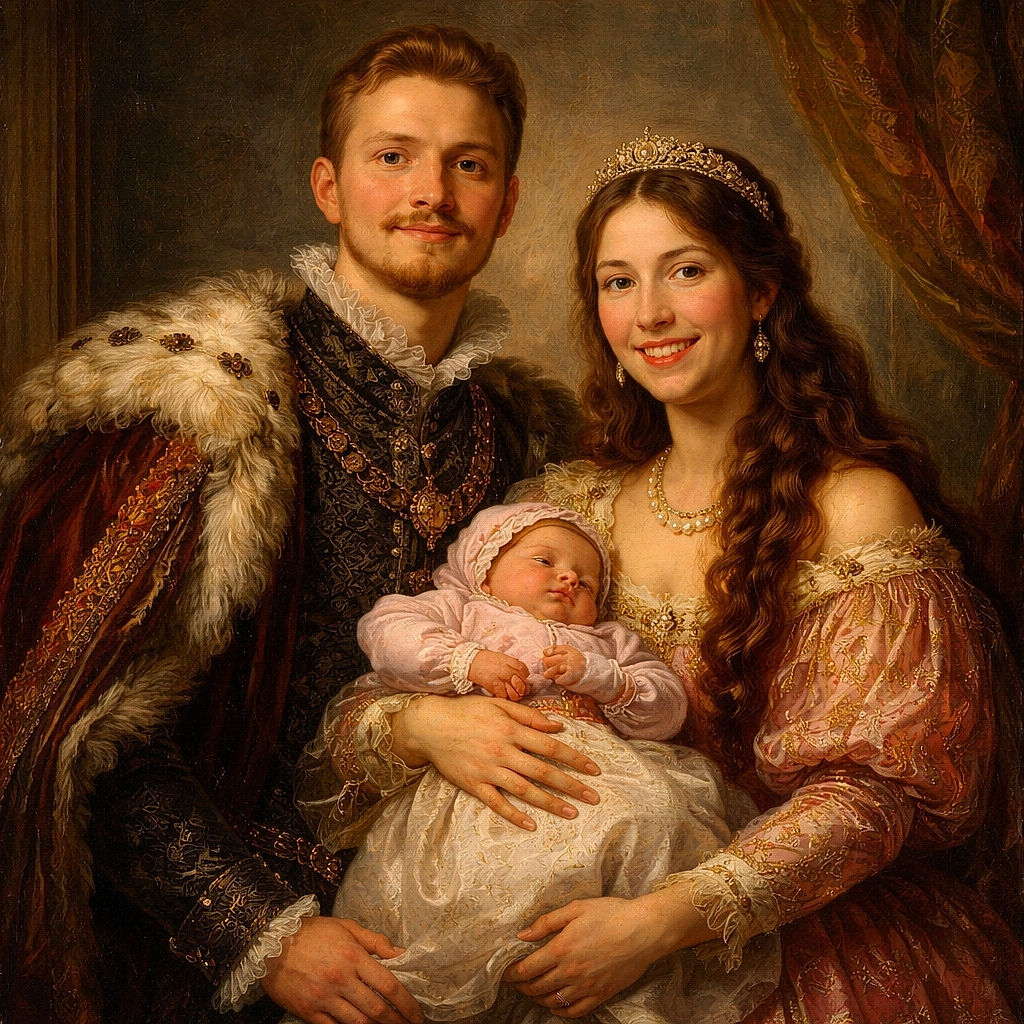 A cheerful family of three poses in a snowy mountain landscape under a vibrant blue sky, bundled up in cozy winter clothing and matching brown hats, with the baby snugly held in dad's arms as the pine-covered slopes create a stunning natural backdrop.