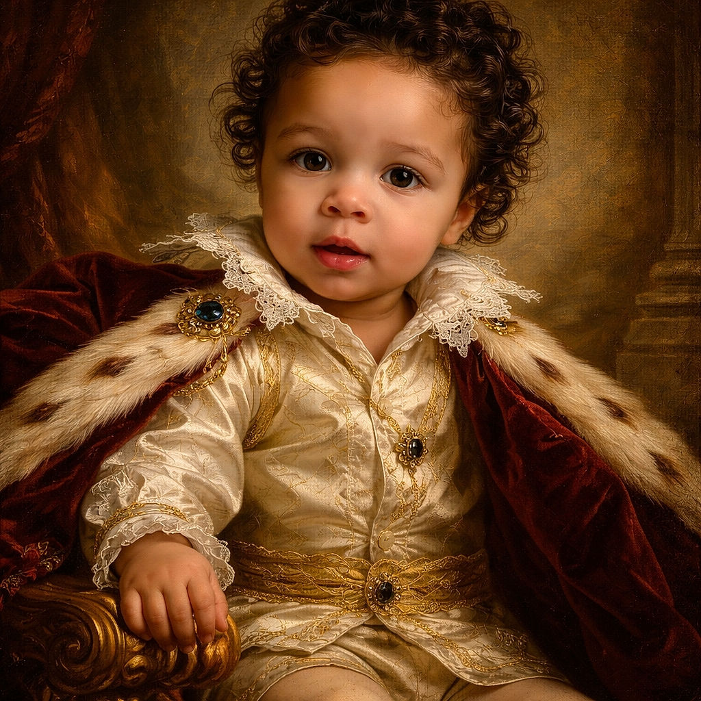 A curious toddler with big, expressive eyes sits on a vintage yellow patterned couch, wearing a white polo shirt and khaki shorts, looking directly at the camera with a slightly puzzled expression.
