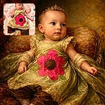 A cute baby lying on a colorful play mat with a big pink flower on their green dress, looking curiously to the side with a soft pillow behind the head and playful patterns all around.