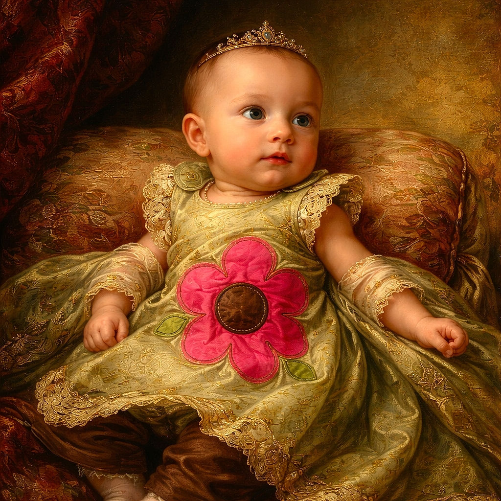A cute baby lying on a colorful play mat with a big pink flower on their green dress, looking curiously to the side with a soft pillow behind the head and playful patterns all around.