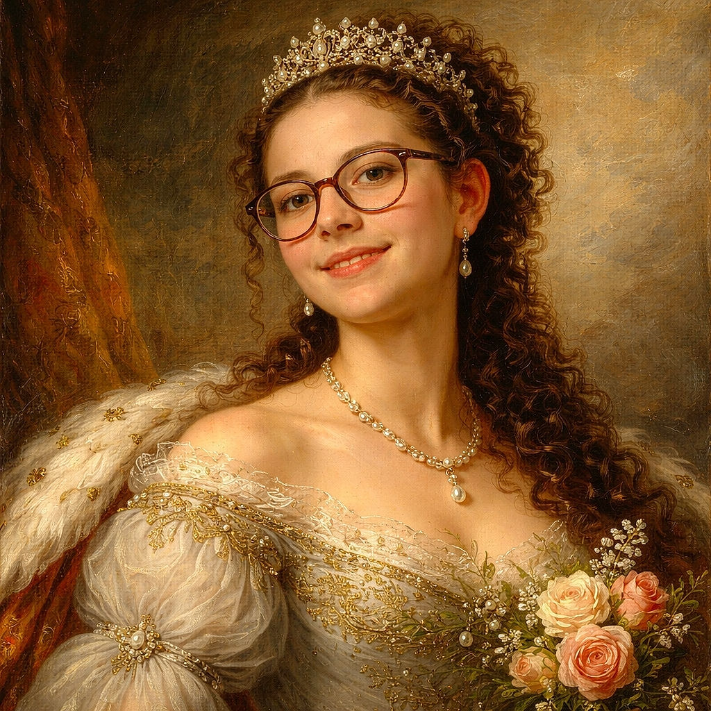 A cheerful young person with curly hair and glasses flashes a peace sign while lounging comfortably against a pillow, radiating relaxed vibes and casual joy.