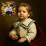 A curious toddler wearing a stylish white coat with a large collar sits surrounded by a colorful pile of miniature gourds and pumpkins, gazing upwards with a playful expression as if pondering the mysteries of autumn.
