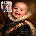 A cheerful baby with a big smile is comfortably reclining in a red car seat, wearing cute denim overalls and a striped shirt, with a soft checkered cushion behind the head adding cozy vibes.