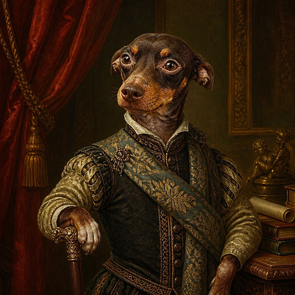 A wide-eyed brown-and-tan dog sits like a tiny courtroom defendant, paws politely perched on a person’s leg while giving the camera an unforgettable 'I can explain everything' stare. Patio chairs, concrete, and a collar complete the scene.