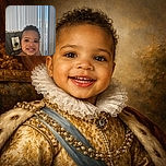 A happy toddler with curly hair flashes a big toothy grin, sitting in a high chair with a patterned cushion, while some food crumbs cling to their chin. Behind, vertical blinds let in soft daylight, creating a cozy home atmosphere.