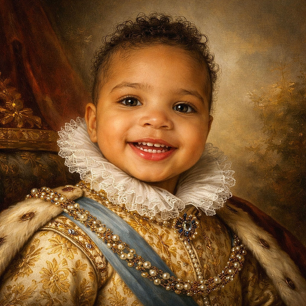 A happy toddler with curly hair flashes a big toothy grin, sitting in a high chair with a patterned cushion, while some food crumbs cling to their chin. Behind, vertical blinds let in soft daylight, creating a cozy home atmosphere.