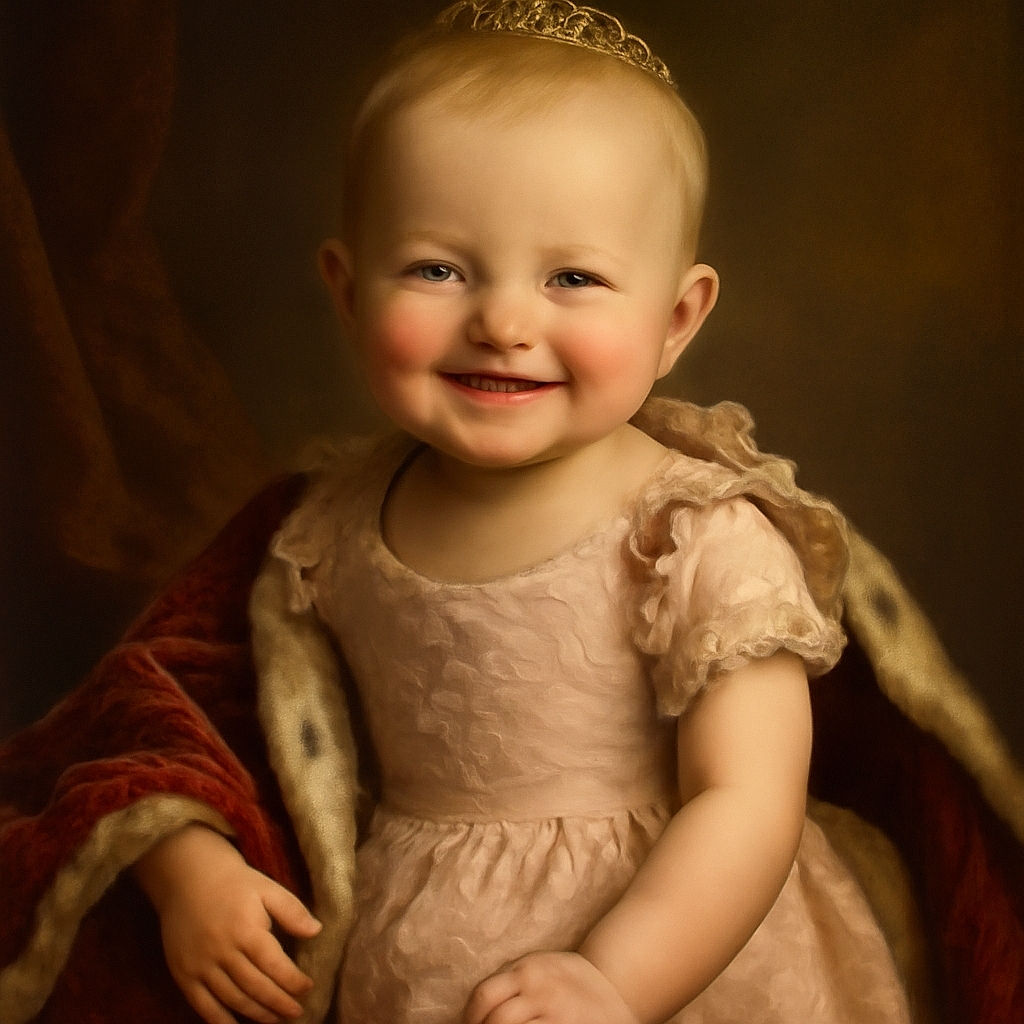 A cheerful baby crawling on the grass surrounded by floating bubbles, with a backdrop of lush green ferns. The baby sports a cute pink outfit and a tiny tuft of hair standing up, smiling with tiny teeth showing, creating a heartwarming and playful outdoor moment.