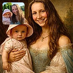 A sunny outdoor selfie capturing a happy woman with long hair smiling warmly while holding a serious-faced baby in a pink sunhat and cherry-patterned outfit, framed by lush green trees and a clear blue sky.