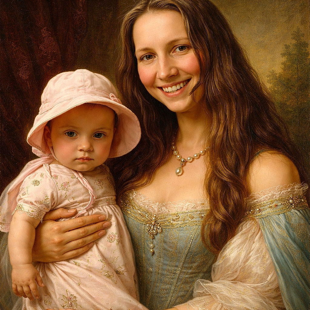 A sunny outdoor selfie capturing a happy woman with long hair smiling warmly while holding a serious-faced baby in a pink sunhat and cherry-patterned outfit, framed by lush green trees and a clear blue sky.