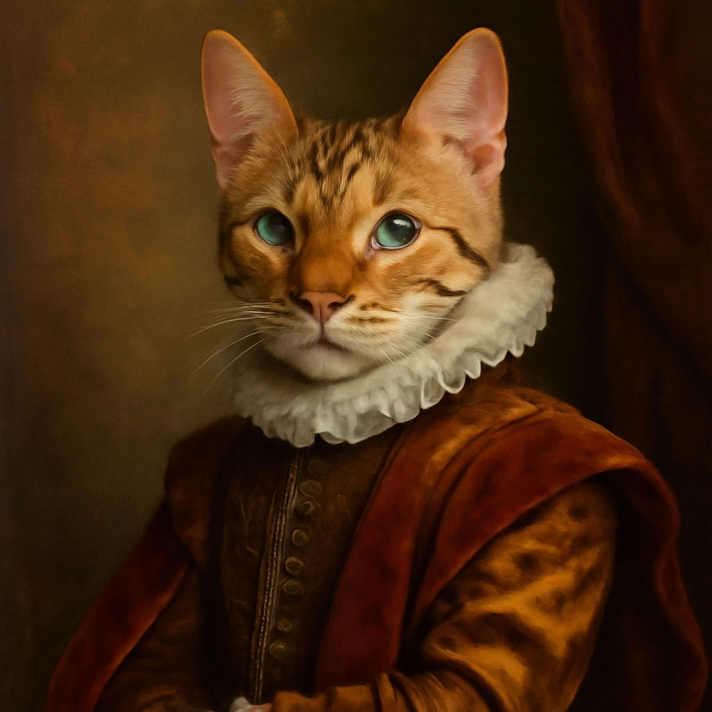 A strikingly beautiful tabby cat with piercing blue eyes lounges comfortably between cozy blankets and striped fabric, looking directly at the camera with a calm and curious expression.