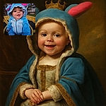 A cheerful baby dressed in a fluffy blue costume with pink ears is sitting outdoors on a trampoline, smiling widely with bright eyes under the evening sky and bare trees.