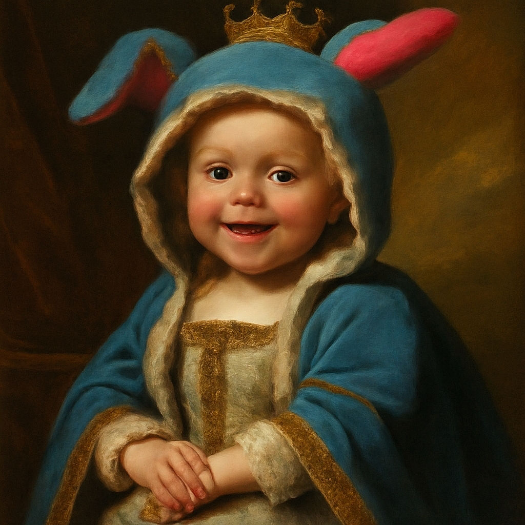 A cheerful baby dressed in a fluffy blue costume with pink ears is sitting outdoors on a trampoline, smiling widely with bright eyes under the evening sky and bare trees.