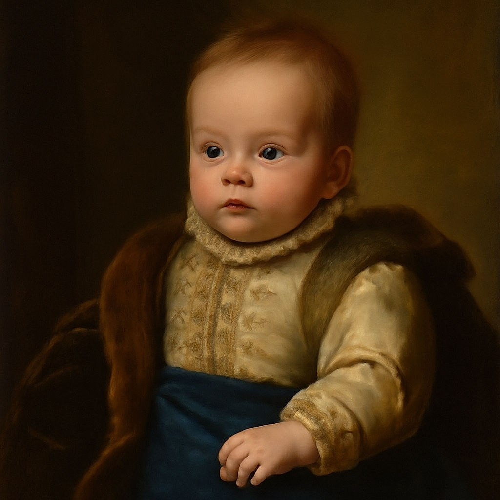 A wide-eyed baby dressed in a cozy Hello Dino outfit lounges against a fluffy pillow on a yellow couch, looking curiously at the camera with a tuft of hair playfully sticking up.