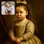 A cute little girl with braided hair and a big bow on top strikes a playful duck face while sitting on a white bed, dressed in a white shirt, denim skirt, and knee-high socks with bows. The natural light from the window adds a soft glow to the cozy indoor scene.