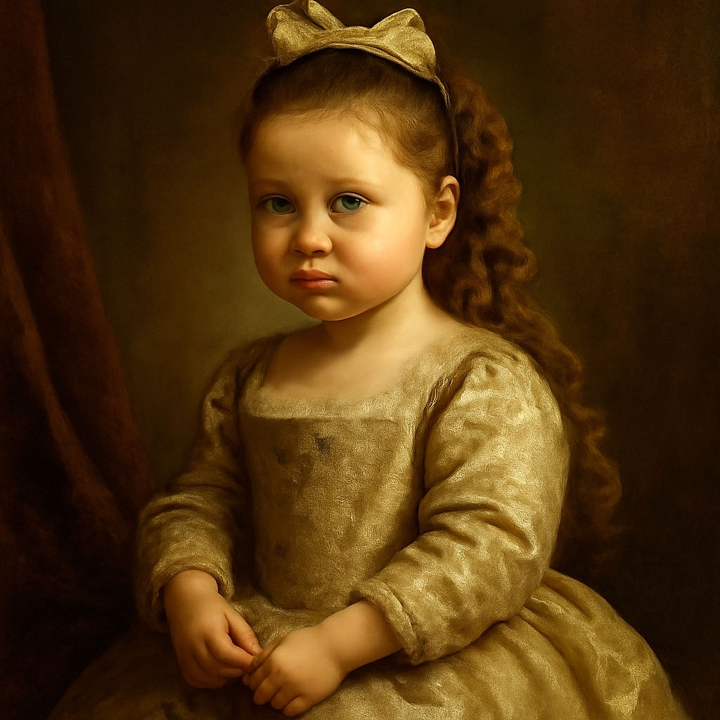 A cute little girl with braided hair and a big bow on top strikes a playful duck face while sitting on a white bed, dressed in a white shirt, denim skirt, and knee-high socks with bows. The natural light from the window adds a soft glow to the cozy indoor scene.