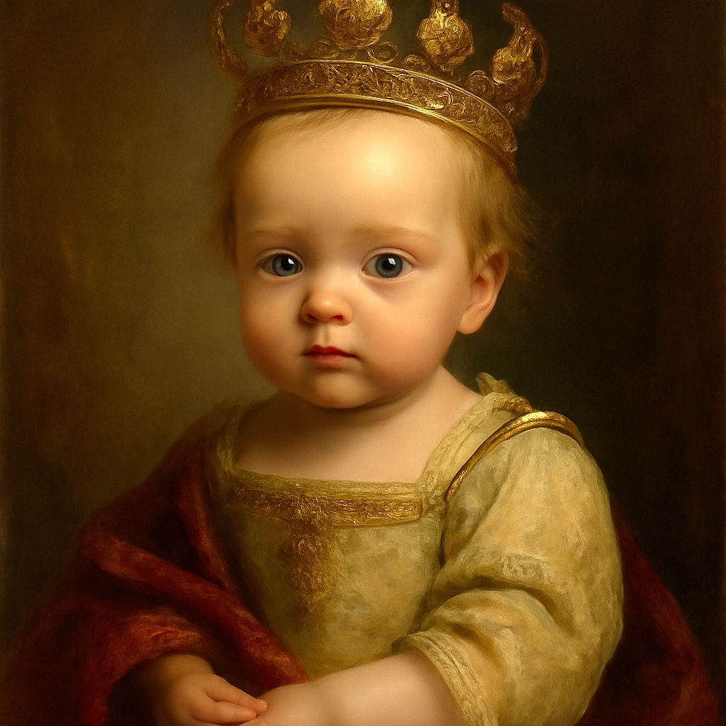 A close-up of a curious baby with big blue eyes gazing intently, tousled light hair, and a soft expression, set against a dark blurred background that makes the baby's features pop.