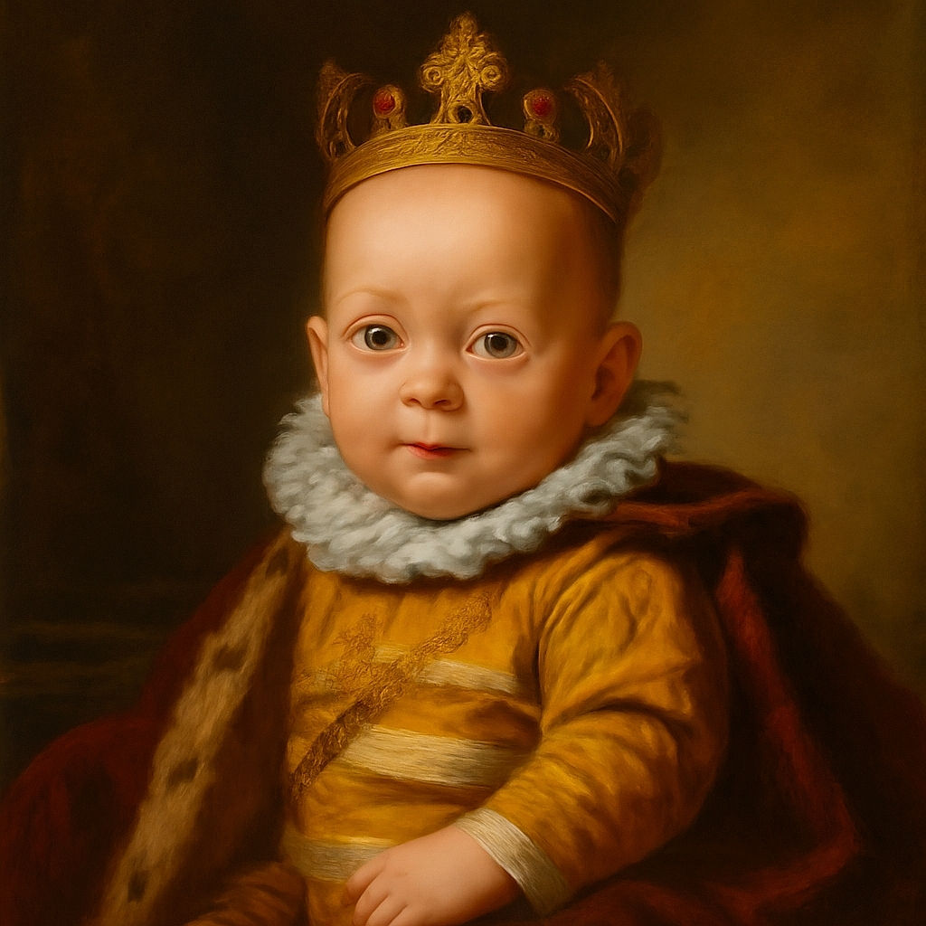 A close-up photo of a baby with curious eyes and a slight smile, wearing a yellow and white striped shirt, secured in a cushioned baby seat with a gray strap, with a softly blurred adult figure in the background.