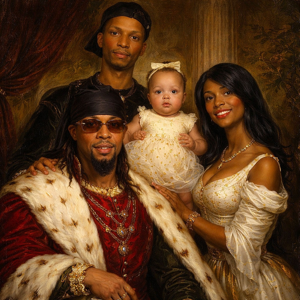 A festive family portrait where the baby, dressed in a white party dress, commands the frame with a deadpan stare while the adults grin like proud paparazzi — one rocking sunglasses and a Santa-red sweater, another in a white dress with a gold belt, and a man in a backwards cap. The cozy Christmas backdrop of garlands, ornaments, toys and wrapped gifts completes the scene, making it look like the baby is the holiday CEO holding court.