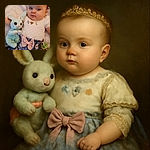 A cute baby lying on a patterned blanket, clutching a soft blue stuffed bunny while dressed in a white top with floral embroidery and a blue skirt adorned with a large pink bow. A teddy bear and pacifier also peek into the frame, adding to the cozy and adorable scene.