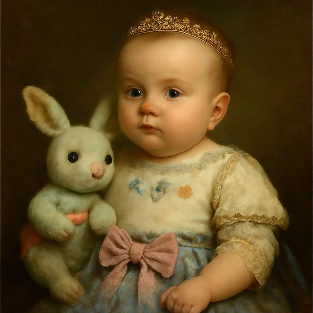 A cute baby lying on a patterned blanket, clutching a soft blue stuffed bunny while dressed in a white top with floral embroidery and a blue skirt adorned with a large pink bow. A teddy bear and pacifier also peek into the frame, adding to the cozy and adorable scene.