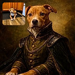 A charming puppy with a light brown coat and white chest lies comfortably on a black mat in front of wooden kitchen cabinets, looking curiously at the camera with one ear flopped over, framed by warm tones of the floor and cabinetry.