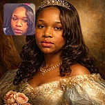 A young person with shiny curled hair and glossy lips looks directly into the camera, framed by a softly lit indoor background with a bright pink flower decoration perched above their head, giving a subtle crown effect.