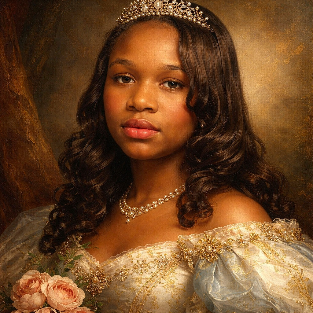 A young person with shiny curled hair and glossy lips looks directly into the camera, framed by a softly lit indoor background with a bright pink flower decoration perched above their head, giving a subtle crown effect.