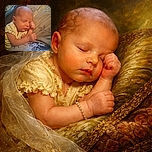 A peacefully sleeping newborn baby with a delicate yellow outfit, resting their tiny head and fist on a soft patterned pillow, capturing the pure innocence and tranquility of early life.