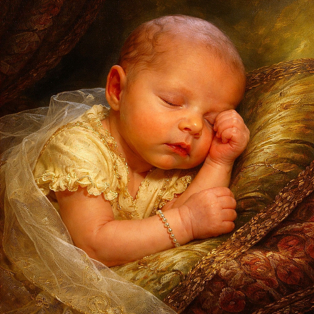 A peacefully sleeping newborn baby with a delicate yellow outfit, resting their tiny head and fist on a soft patterned pillow, capturing the pure innocence and tranquility of early life.