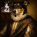 A charming dog lounges on a patterned rug in a dimly lit room, its fur highlighted by the camera flash which gives one eye an amusing golden glow, making it look like a tiny guardian of the night.