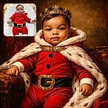 A cute baby dressed in a festive red Santa-themed outfit lies comfortably on a fluffy white blanket with a softly lit white Christmas tree decorated with silver ornaments in the background, creating a cozy holiday vibe.