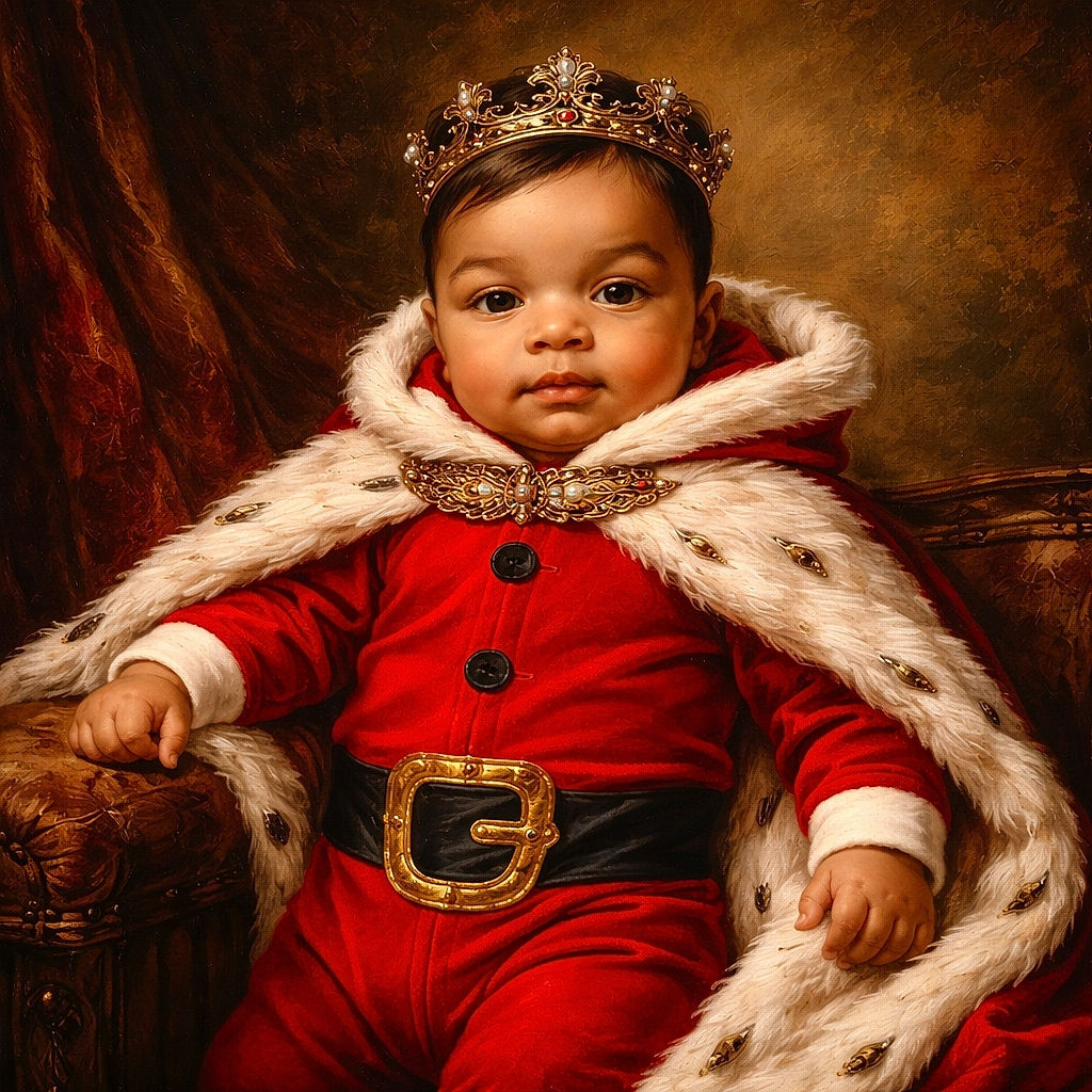 A cute baby dressed in a festive red Santa-themed outfit lies comfortably on a fluffy white blanket with a softly lit white Christmas tree decorated with silver ornaments in the background, creating a cozy holiday vibe.