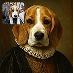 A cute beagle puppy is resting its front paws on someone's lap, looking adorably serious with soulful eyes. The cozy indoor setting includes a person holding a phone in the background, with a dresser and framed photos adding a homely touch.