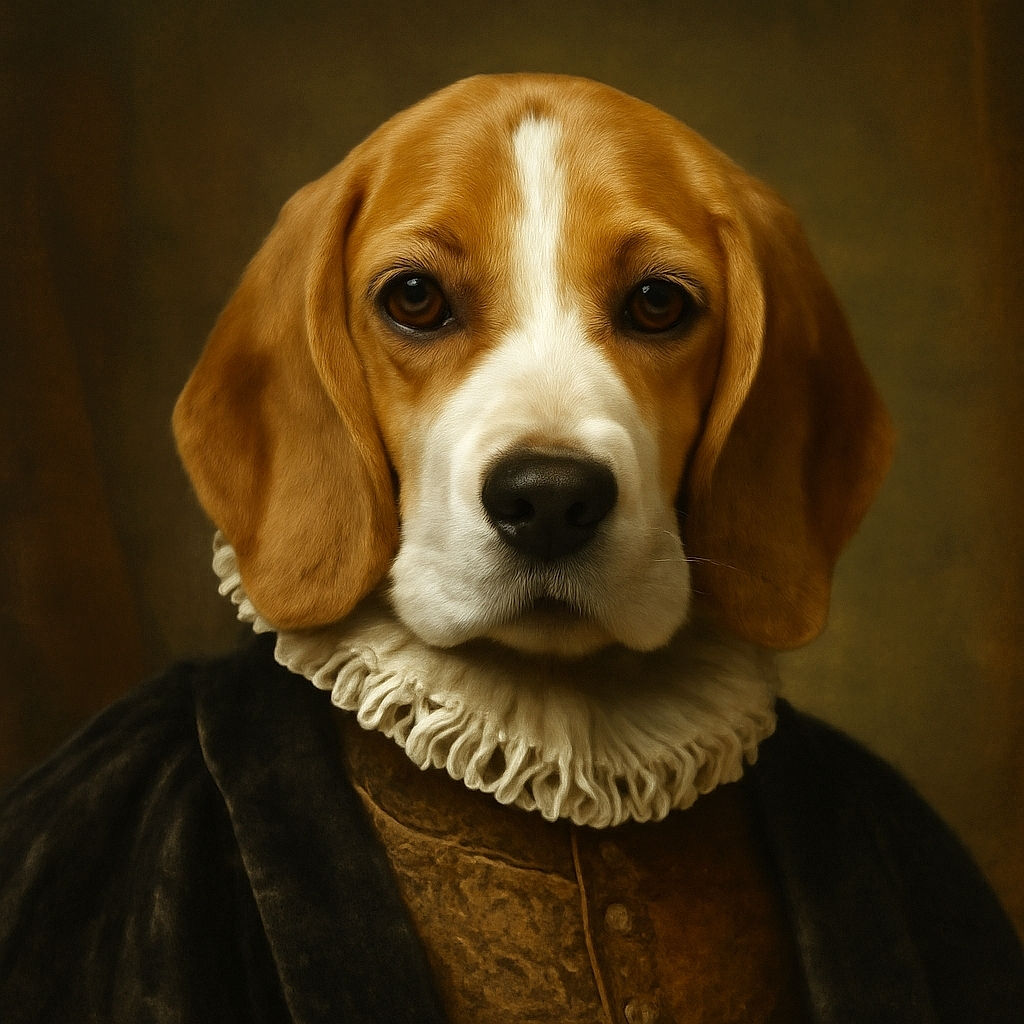 A cute beagle puppy is resting its front paws on someone's lap, looking adorably serious with soulful eyes. The cozy indoor setting includes a person holding a phone in the background, with a dresser and framed photos adding a homely touch.
