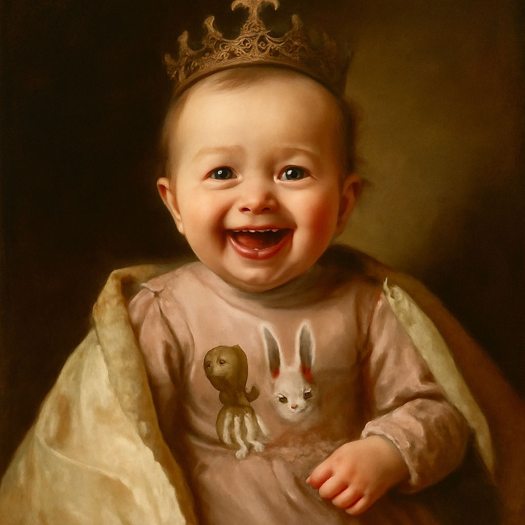 A joyful baby with a wide smile, dressed in a pink outfit featuring cute animal prints, cuddling soft toys and blankets, radiating pure happiness and innocence in a cozy setting.