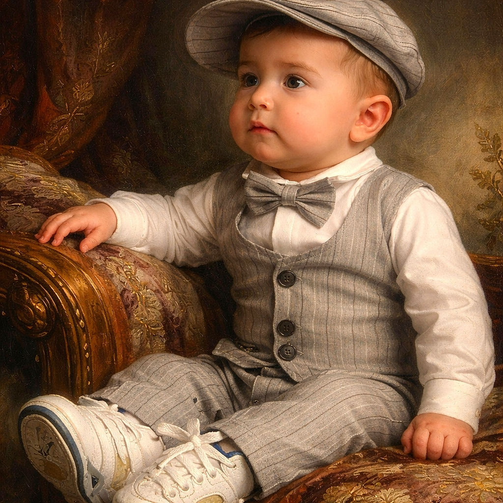 A dapper baby wearing a pinstriped vest, matching bow tie and cap lounges in profile like a tiny gentleman—one chubby hand mid-gesture, chunky white sneakers hogging the foreground, and a floral blanket and cozy bedding forming the domestic backdrop. Soft indoor lighting and adorable cheeks complete the scene.
