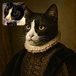 A charming tuxedo cat dressed in a white shirt and black bow tie holds a bright orange bag of Cheetos, looking quite serious and ready for a fancy snack time or a classy party.