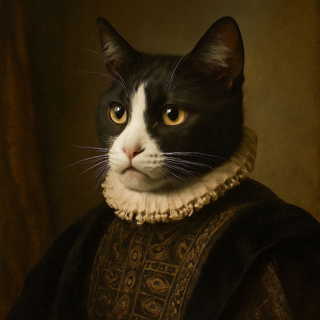 A charming tuxedo cat dressed in a white shirt and black bow tie holds a bright orange bag of Cheetos, looking quite serious and ready for a fancy snack time or a classy party.